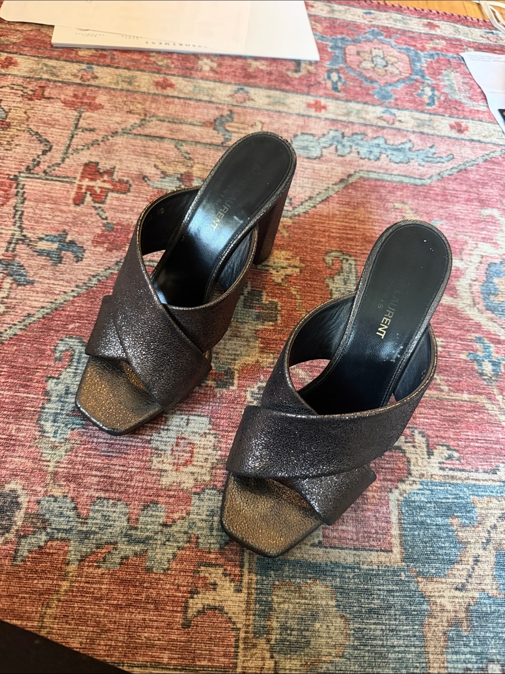 SAINT LAURENT LOU LOU Metallic Grey Block Heel Sandals